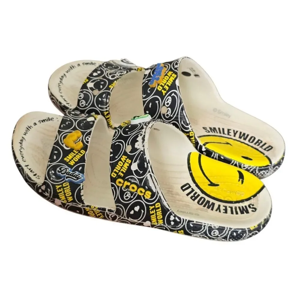 Crocs Smiley World Sandal Slide White Black Yellow Double Strap Mens Size 12